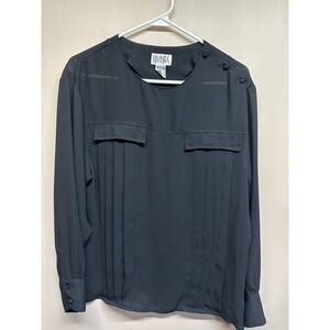 Rivista Black Pleated Pocket Long Sleeve Button Cuff Blouse Women Size 12